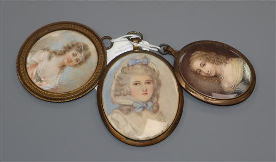 Three assorted miniatures; Marchioness of Hereford, Marian de Rohan & an unnamed lady, largest 7 x 5.5cm.